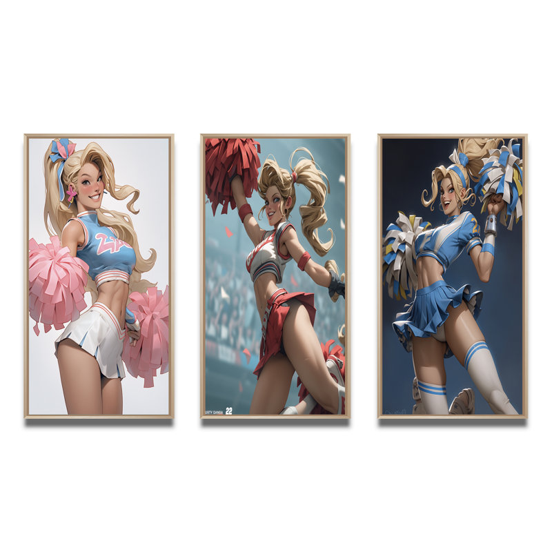 «Playful Dancing Cheerleader», 3 pièces sur toile, Cadre naturel flottant, H 40 po x l 60 po