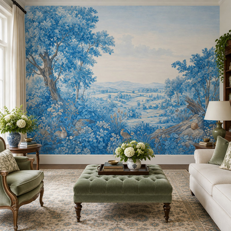 Papier peint mural vintage à motif toile de Jouy représentant un paysage pastoral bleu, 200 po x 120 po, Peler et coller