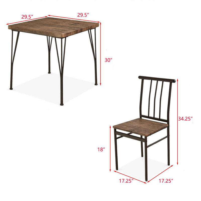 Dark Brown Metal and Wood 3-Piece Dining Set with 2 Chairs