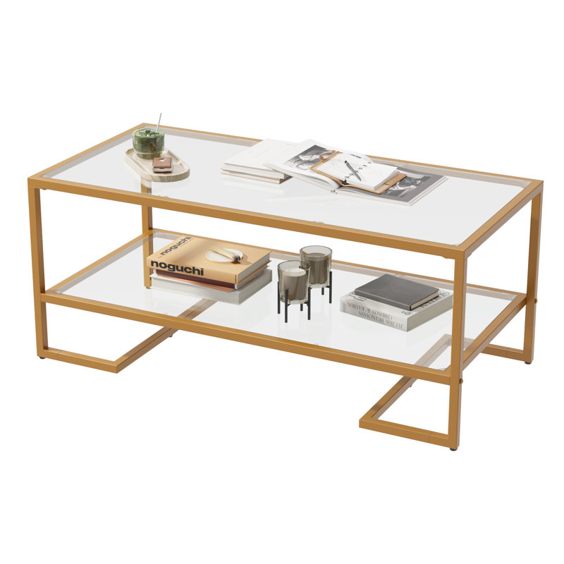 Coffee Table, 2 Tier Tempered Glass Coffee Table, Rectangle Modern Center Table With Metal Frame, Glass Accent Table Open Storage Shelf For Living Room, Office, Golden