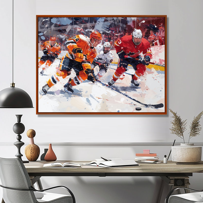 Hockey joueurs pendant les séries éliminatoires I - impression d'art mural de hockey sportif, Toile avec cadre flottant brun