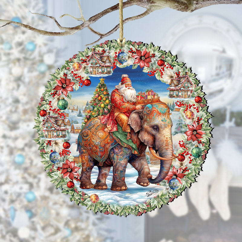 Ornement en bois Père Noël sur une couronne d'éléphants par G. Debrekht