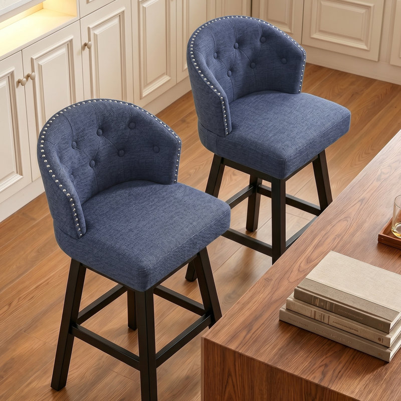 Aadhvika Upholstered BarStools with Solid Wood Frame, Blue/Linen, Counter Stool (26" Seat Height)