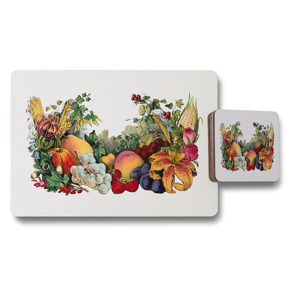 Fruit and Vegetable Themed Placemat and Coaster Set With Colorful Illustration