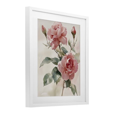 «Pink Watercolor Roses and Buds», reproduction d'art sous verre encadrée par Petal Prints Design