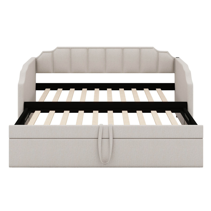 Twin Size Upholstered Daybed With Pull-Out Trundle Bed & Integrated USB Charging Stations, Beige