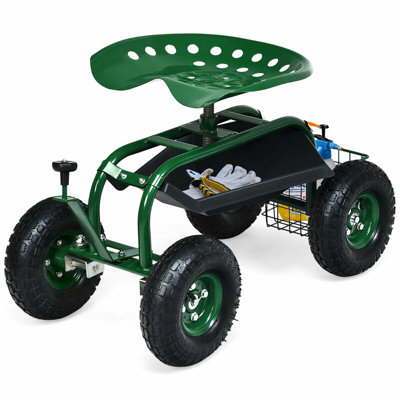 Rolling Garden Cart Scooter w/ Adjustable Seat Storage Basket Tray Green