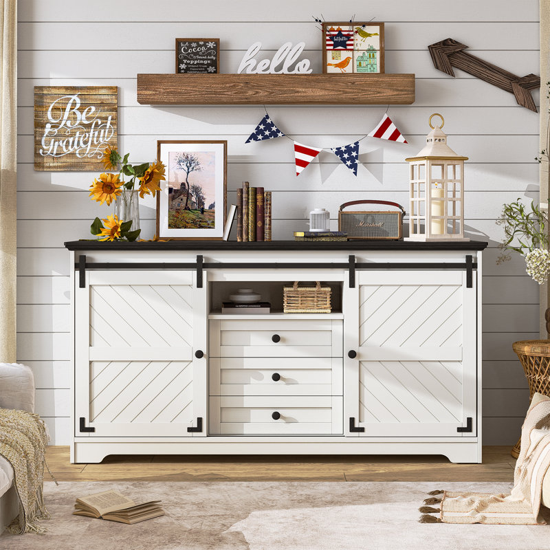 Buffet 59 po blanc avec portes coulissantes et gestion des câbles Farmhouse