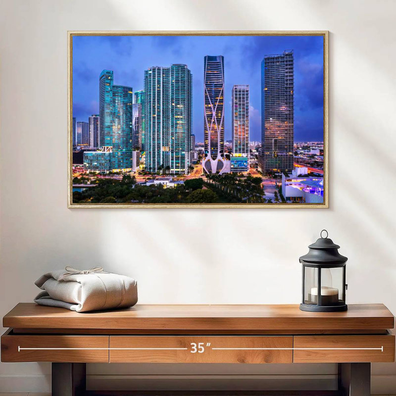 Vue aérienne du centre-ville de Miami, Cadre flottant en bois naturel, 25 po x 17 po