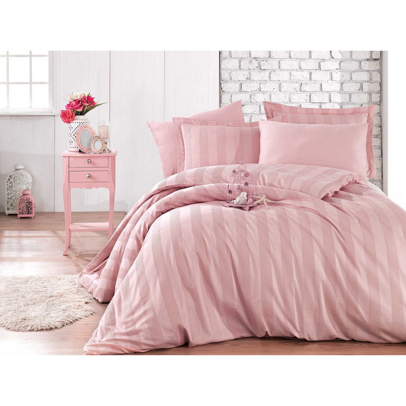 Ensemble de housse de couette double en satin luxueux Wafel, 100% coton, comprend une housse de couette 79 x 87, un drap plat 94 x 102, 2 taies d'oreiller 27,6 x 27,6 et 2 taies d'oreiller Oxford 19,7 x 27,6 | Lavable à la machine, couleur poudre élégante