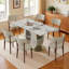 Ensemble de table de salle à manger 63 pièces 63 po avec rangement pour 6 personnes, plateau de table en pierre brûlée résistante aux égratignures, base en bois massif doré élégant et 6 chaises en polyuréthane blanc-467725279