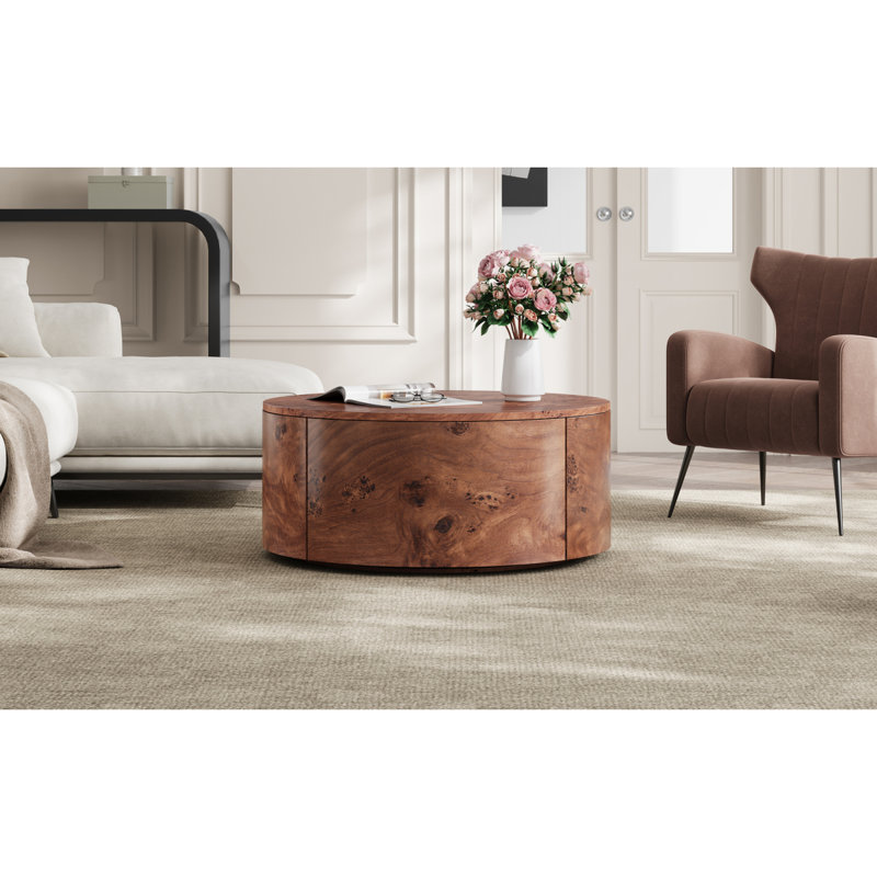 Table basse rotative en bois Burl avec 2 tiroirs, plateau tournant à 360 °, noyer, 28,4 po
