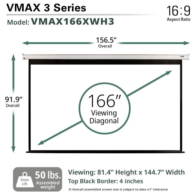 VMAX 3 Matte White Electric Screen, 166" diag., 16:9, Viewing Size: 81" x 144", IR/RF Remotes, 12v trigger, White Casing