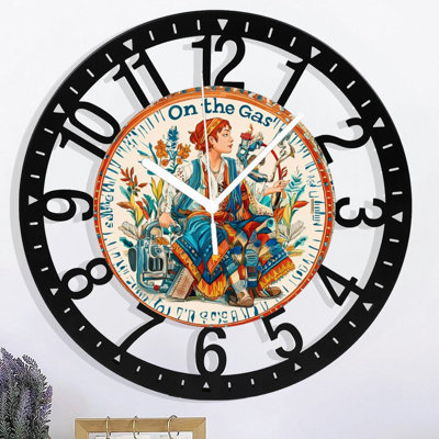 Metal Wall Clock for Living Room -10" On The Gas Woman Folk Attire Engine Silent Non Ticking,Battery Operated, Antique Clocks for Farmhouse,Bedroom,Kitchen - Arabic Numerals