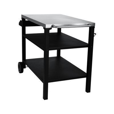 Chariot à 3 roulettes avec plateau supérieur en acier inoxydable et tablette latérale, table de préparation mobile pour la cour arrière, conception de conception noire, besoins de cuisson en plein air améliorés, stabilité de mouvement en douceur,
