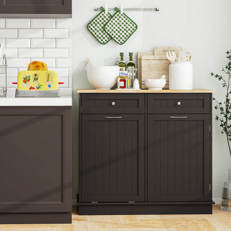 Wooden Kitchen Trash Cabinet Tilt Out Bin Holder With Drawer & Storage Shelf 