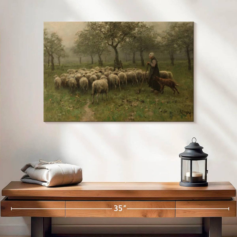 Bergère avec un troupeau de moutons, H 16 po x l 24 po