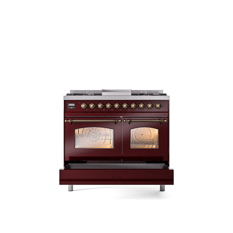 ILVE Nostalgie II Series 40 inch Dual Fuel Range with 6 Sealed Burners, Griddle (Glass Door), Liquid Propane, Burgundy/Bronze