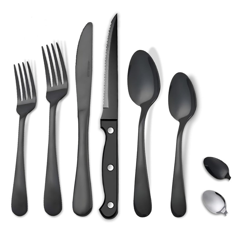 Ensemble de couverts 48 pièces en acier inoxydable pour 8 personnes, conception ergonomique, résistant à la rouille, va au lave-vaisselle, comprend des couteaux à steak, des ustensiles de cuisine durables