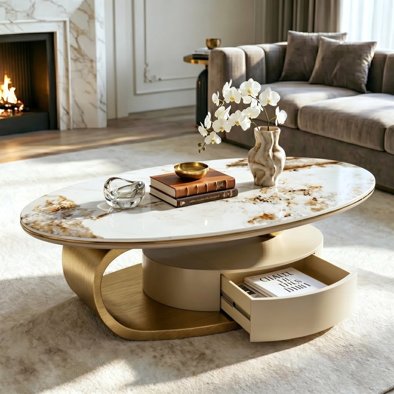51.2" Modern Oval Coffee Table, Luxury Sintered Stone Top, Gold Base Center Table With Drawer