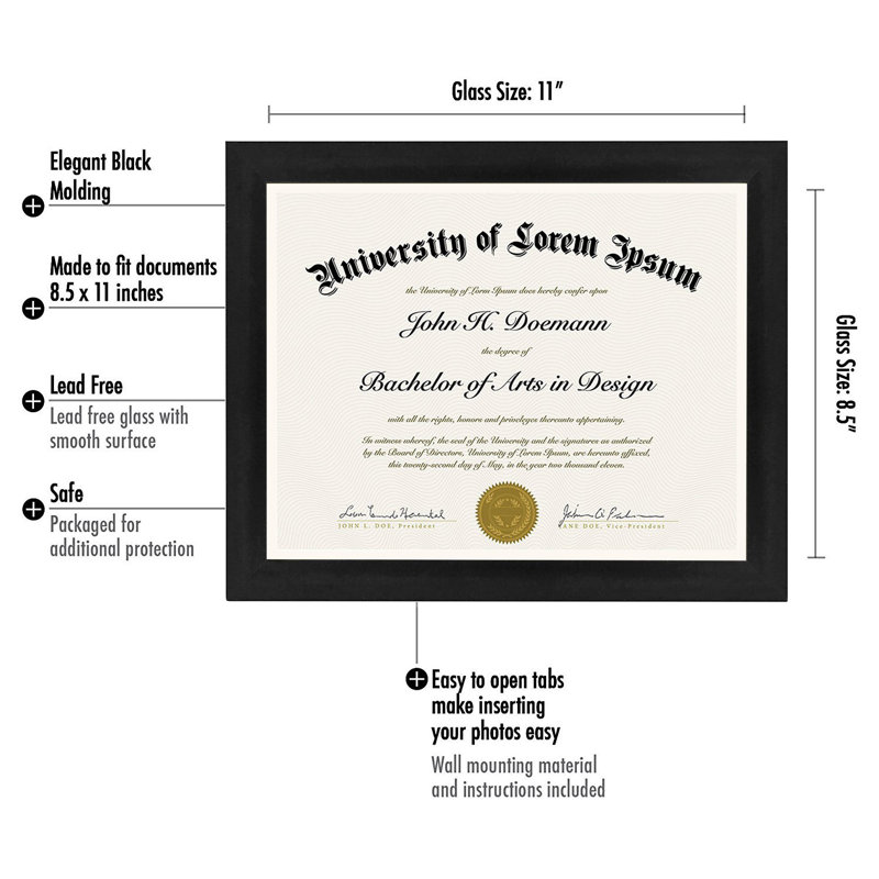 8.5 x 11 Diploma Frame with Composite Wood and Shatter-Resistant Glass in Different Colors, Black