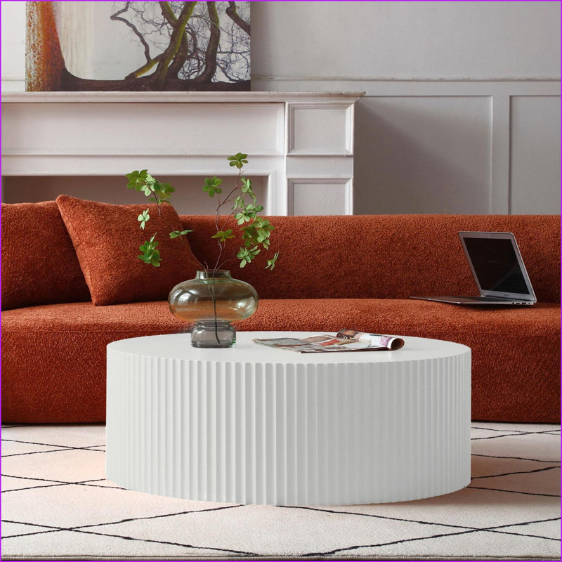 Table basse ronde blanche avec relief fabriqué à la main - sans assemblage, panneau de fibres à densité moyenne, pour le salon
