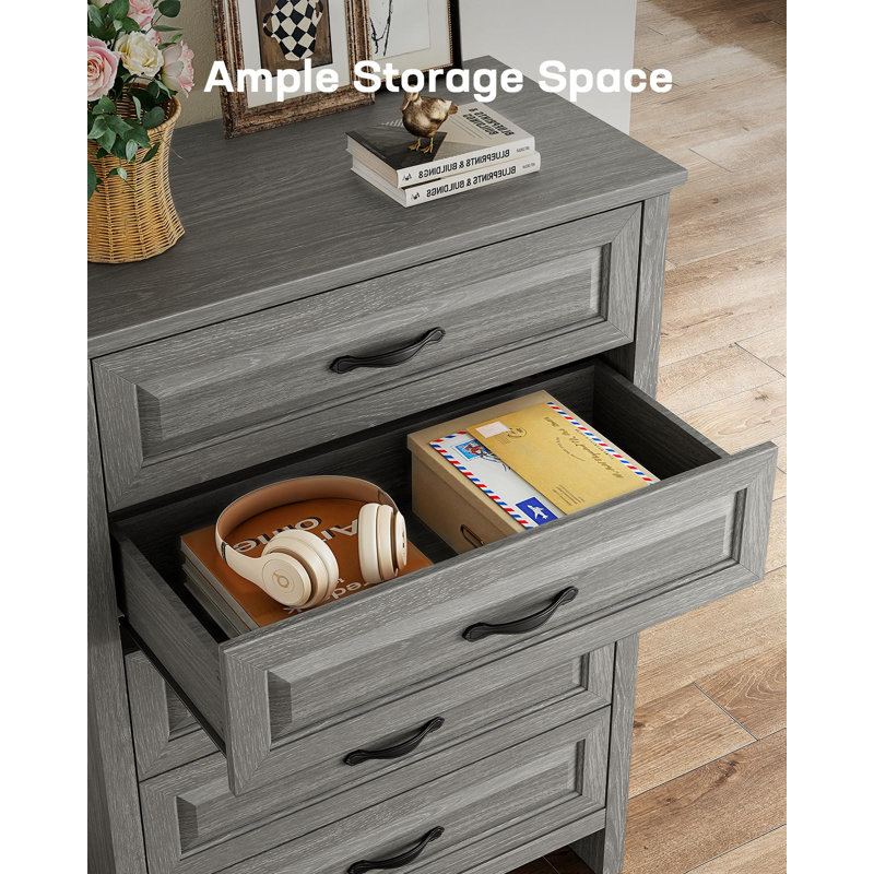 Farmhouse 5 Drawer Dresser with Wide Storage Drawers and Anti-Tip Kit for Bedroom, Living Room, and Hallway, Gray