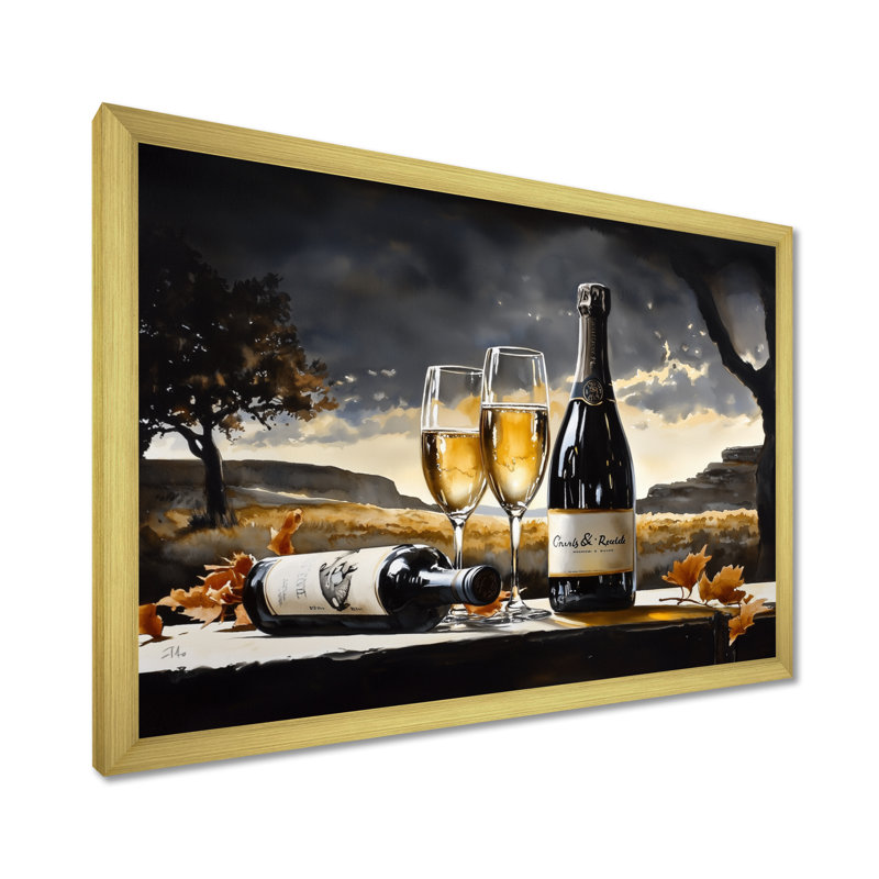 Reproduction d'art vin et champagne, H 12 po x l 20 po, Reproduction encadrée d'une seule photo sans pass, Doré