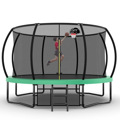 12 FT Pumpkin Recreational Trampoline with Basketball Hoop, Ladder,Enclosure Net,Storage Bag