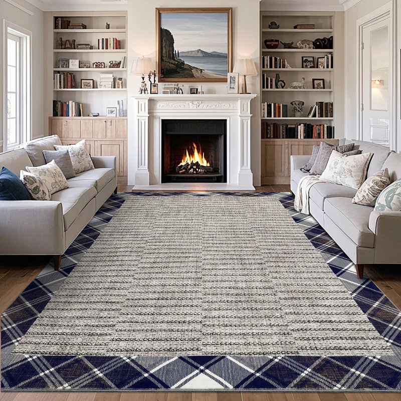 Modern Checkered Bordered Area Rug Machine Washable Rug Low Pile Throw Carpet Non Slip Non Shedding Floor Cover Stain Resistant Folding Carpet For Home Decor