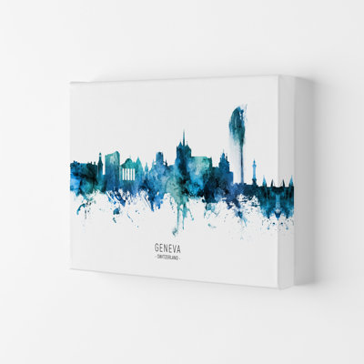 Geneva Switzerland Skyline Blue City Name by Michael Tompsett - Print