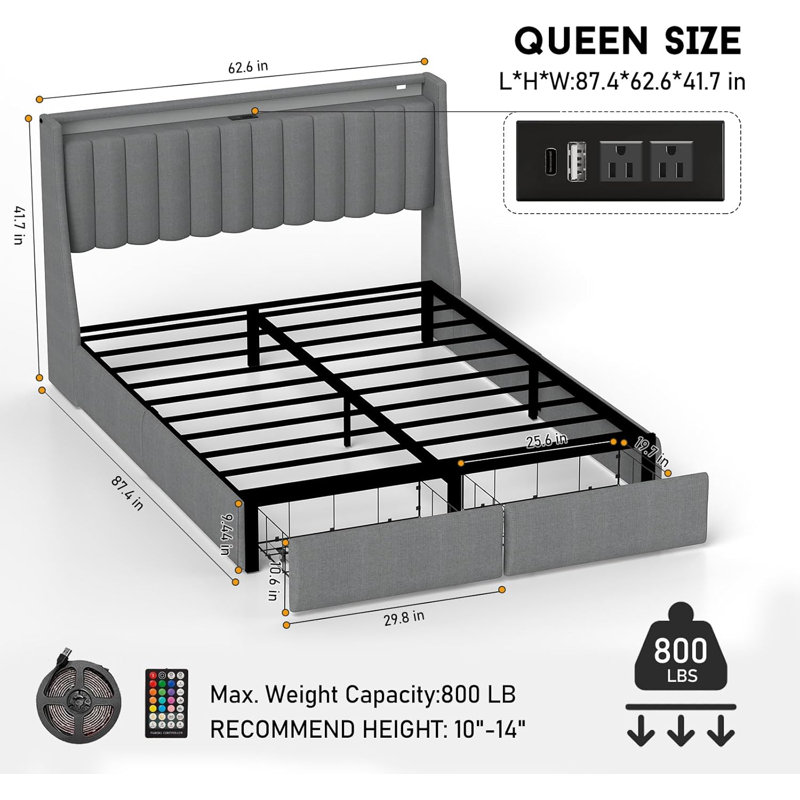 Upholstered LED Bed Frame with 2 Drawers, Bed with Storage Headboard and Charging Station