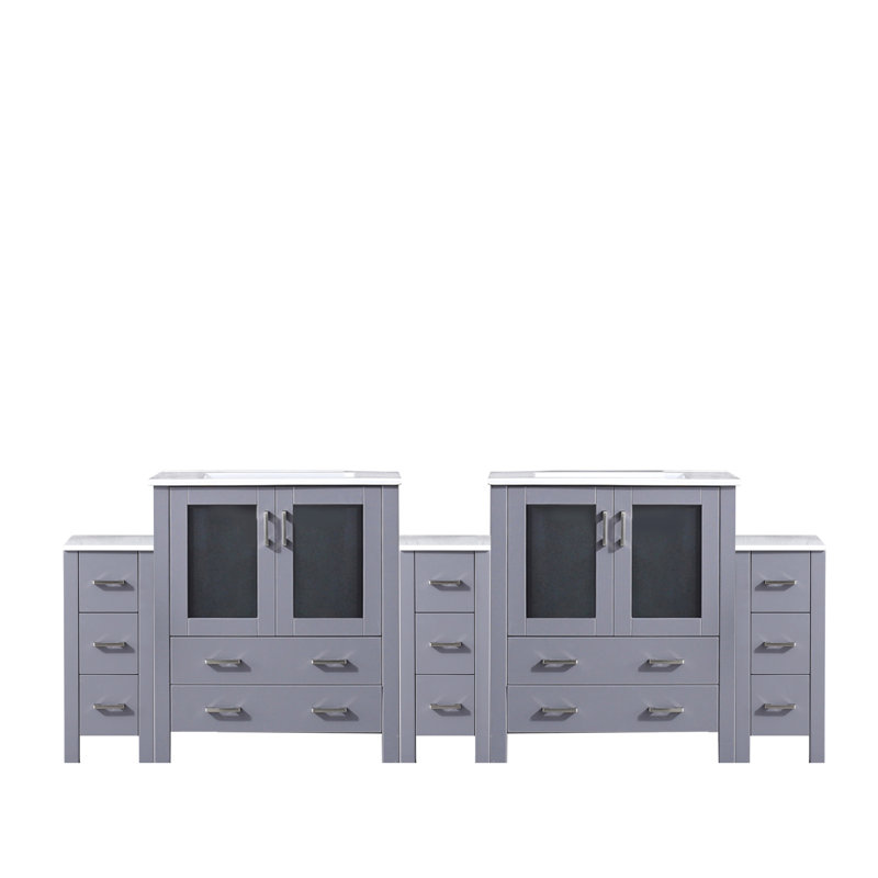 Meuble-lavabo double gris foncé mesurant 96 po X P 18,25 po, avec armoires latérales, surface en céramique blanche, structure en bois massif, tiroirs à fermeture douce, deux armoires et treize tiroirs pour une abondance