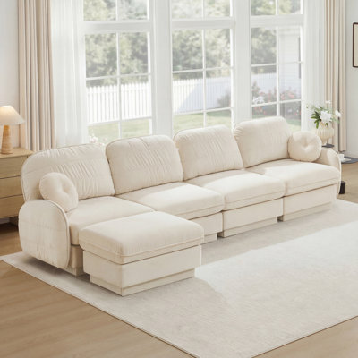 Oversize Chenille L-Shaped Sofa with Ottoman, Round Pillows, Deep Seat