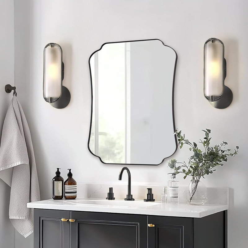 Miroir de salle de bain Contemporary Cadre en acier inoxydable, 32 po x 24 po, Noir mat