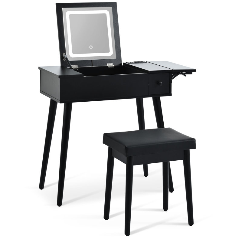 27.9'' Black Dressing Table With Flip Top Mirror, Led Lights, Charging Station, 2 Drawers And Panel, Vanity Stool Makeup Desk , Drawers, Panel For Bedroom,