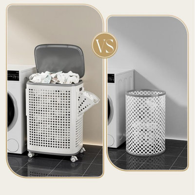 Panier à linge creux avec couvercle et poignée et roulettes - Panier en plastique avec 1 paniers suspendus latéraux