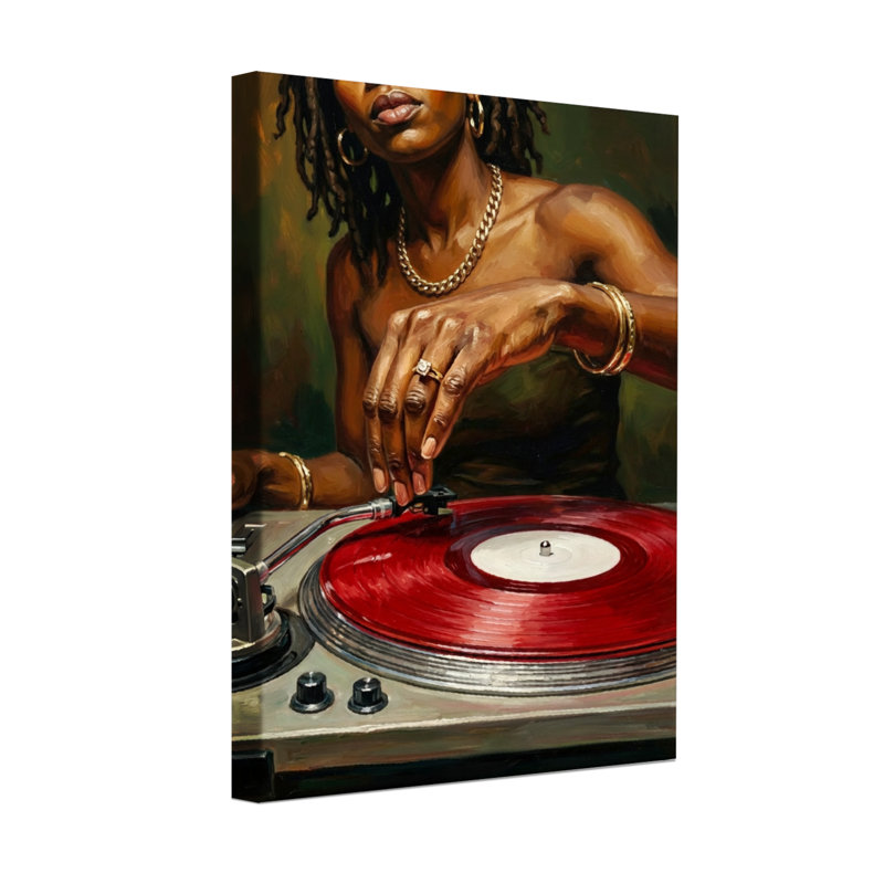 Femme abstraite avec disque vinyle rouge sur platine, H 30 po x l 20 po