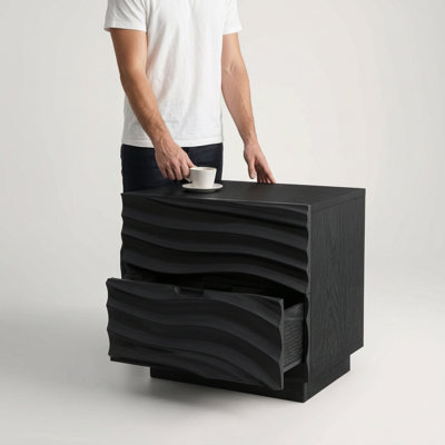 Solid Wood Nightstand, 2-Drawer Bedside Table, No Handles, Black, Living Room & Bedroom End Table