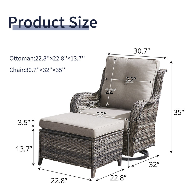 Fauteuil coulissant pivotant en osier avec repose-pieds et coussins 31 po Deb, Gris / Gris