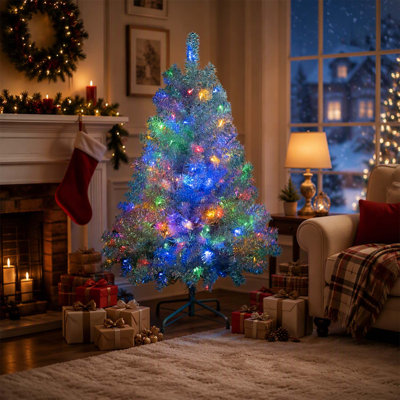 4FT Silver Pre-Lit Artificial Christmas Tree with 150 LED Lights, 400 Branch Tips, and 11 Lighting Modes for Indoor and Outdoor Decor