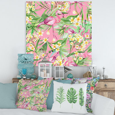 Feuillage tropical, fleurs jaunes avec flamant III - peinture sur toile