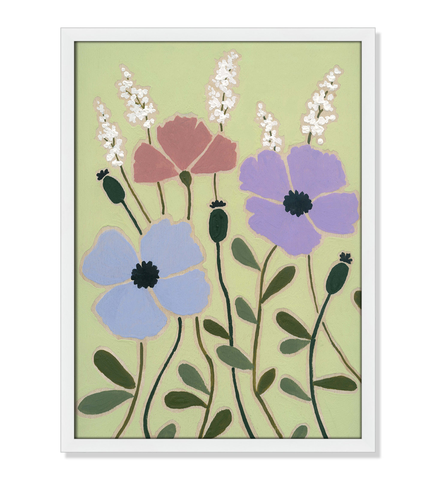 Maura "Woodblock Floral III" Print, 23" H x 17" W x 1.25" D, Satin White Framed