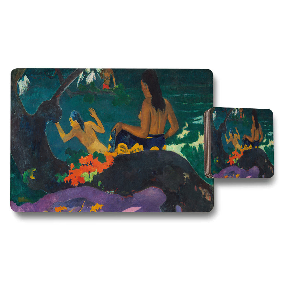 Artistic Placemat and Coaster Set With Tropical Scene Artwork