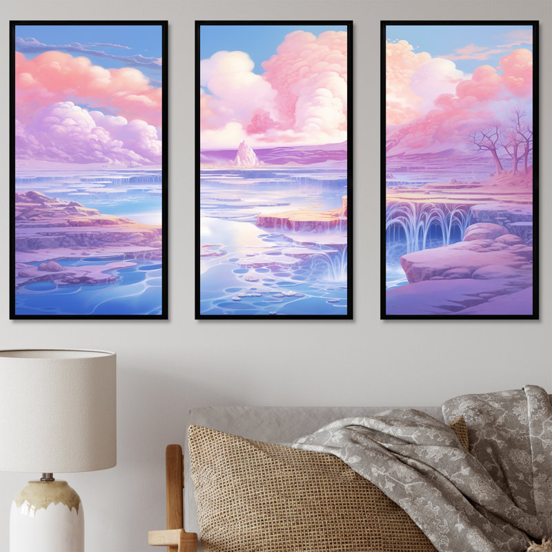 Kawaii paysage rose Geyser Dream II - ensemble d'art sur toile Geyser, Cadre flottant noir, H 32 po x l 48 po x P 1 po