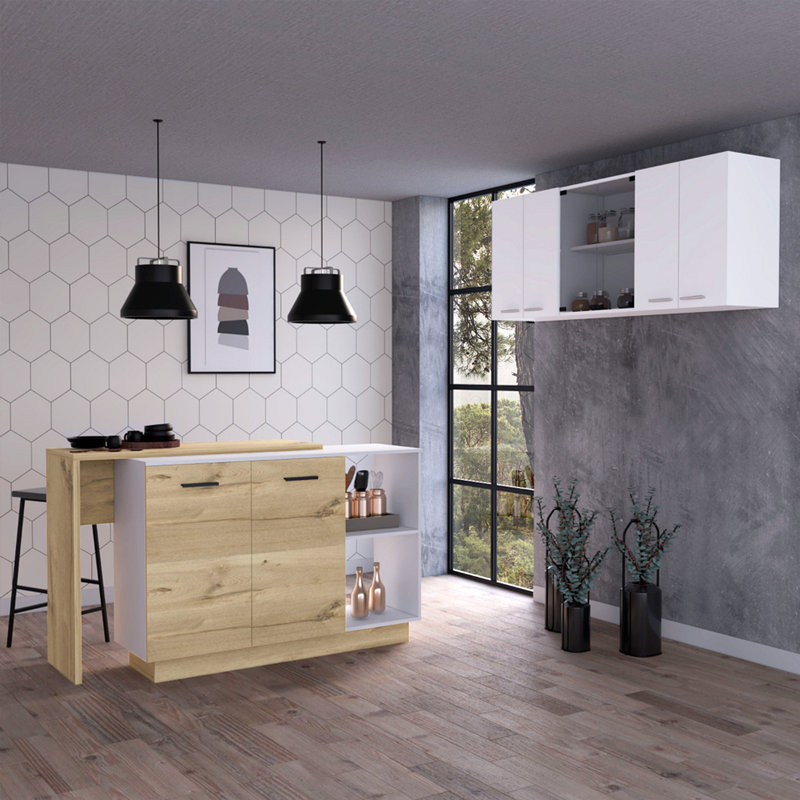 White And Light Oak 2-Piece Kitchen Set, Kitchen Island And Wall Cabinet