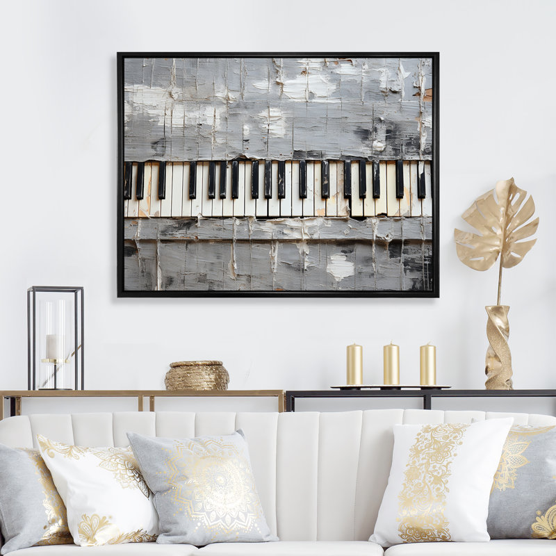 Minimalisme, touches de piano grises et blanches - musique, art mural de piano pour le salon, Cadre d'angle fermé doré