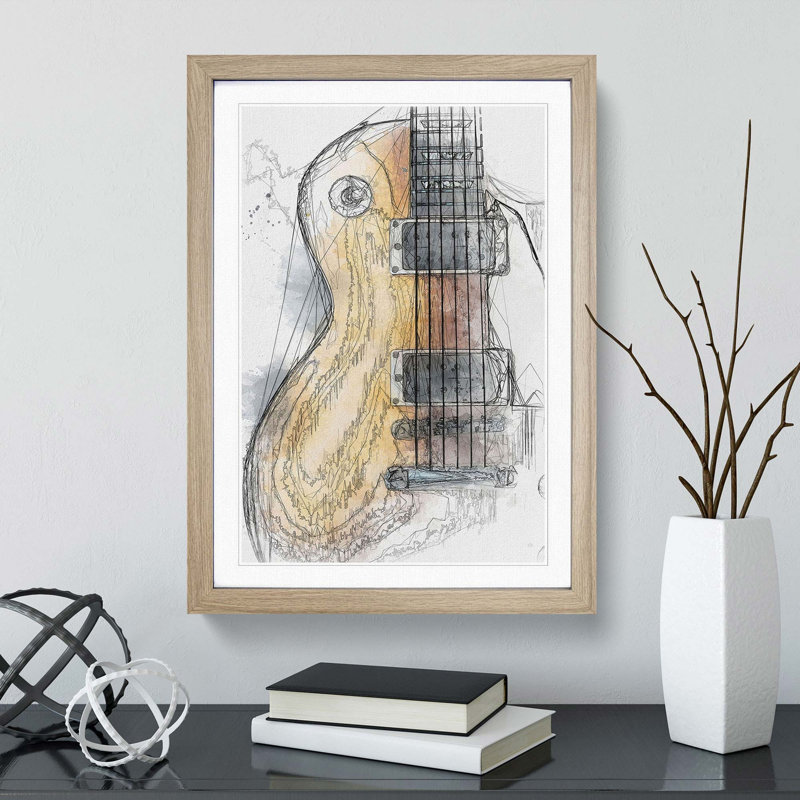 Aged Electric Guitar in Abstract - Picture Frame Graphic Art Print, 65cm H x 48cm W x 2cm D, Oak Framed