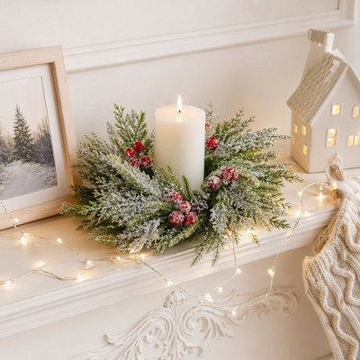 4 Pcs Snow‑Frosted Christmas Candle Rings,11.8 Inch Artificial Pine Mini Wreaths with Frosted Red Berries & Pinecones, Winter Candle Wreath Rings for Pillar Candle, Table Centerpiece, Holiday Home Decor