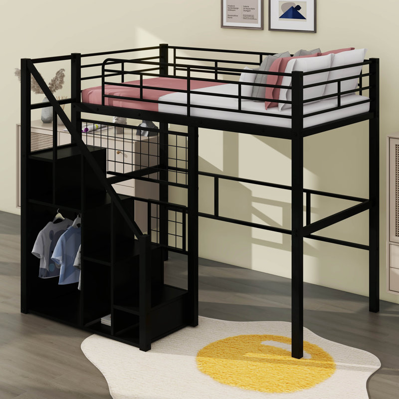 Twin Size Metal Loft Bed With Storage Staircase, Wardrobe And Full-Length Guardrails, Black